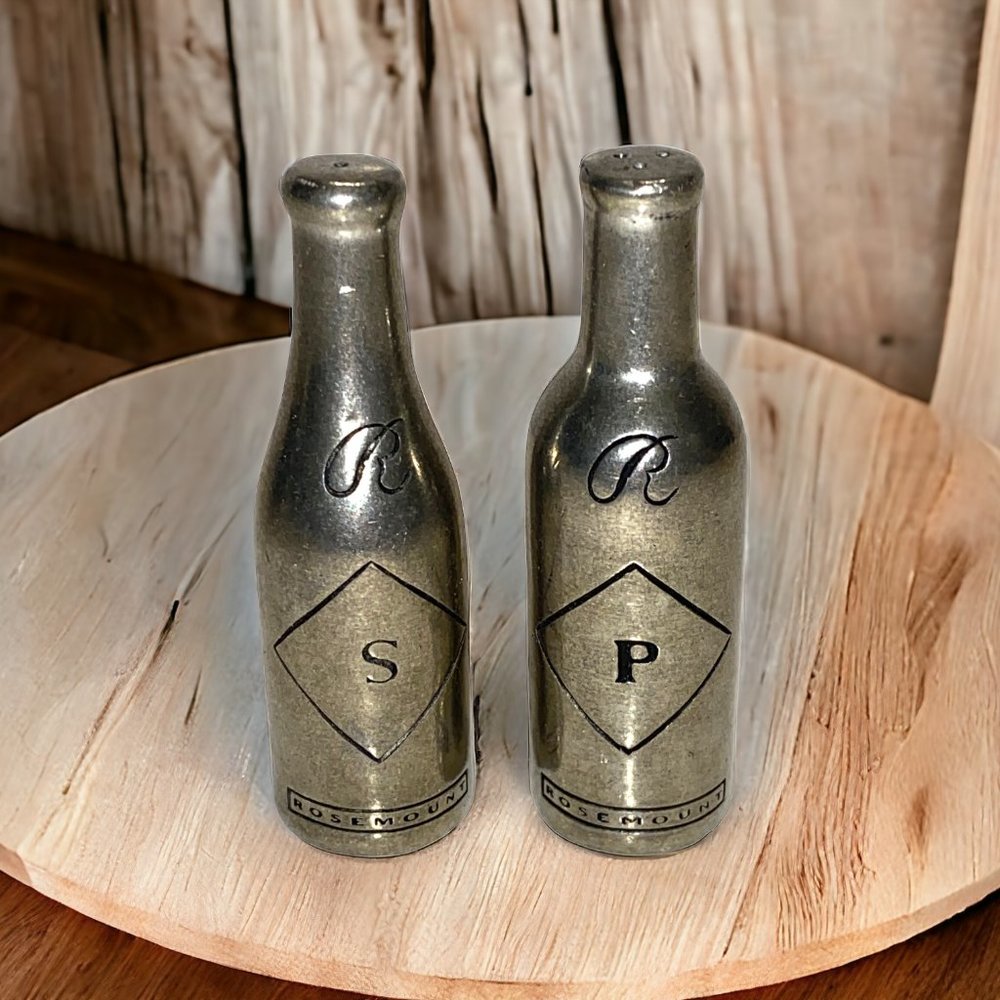 Vintage Silver Tone Pewter Small Bottle Shaped Salt and Pepper Shakers *READ*